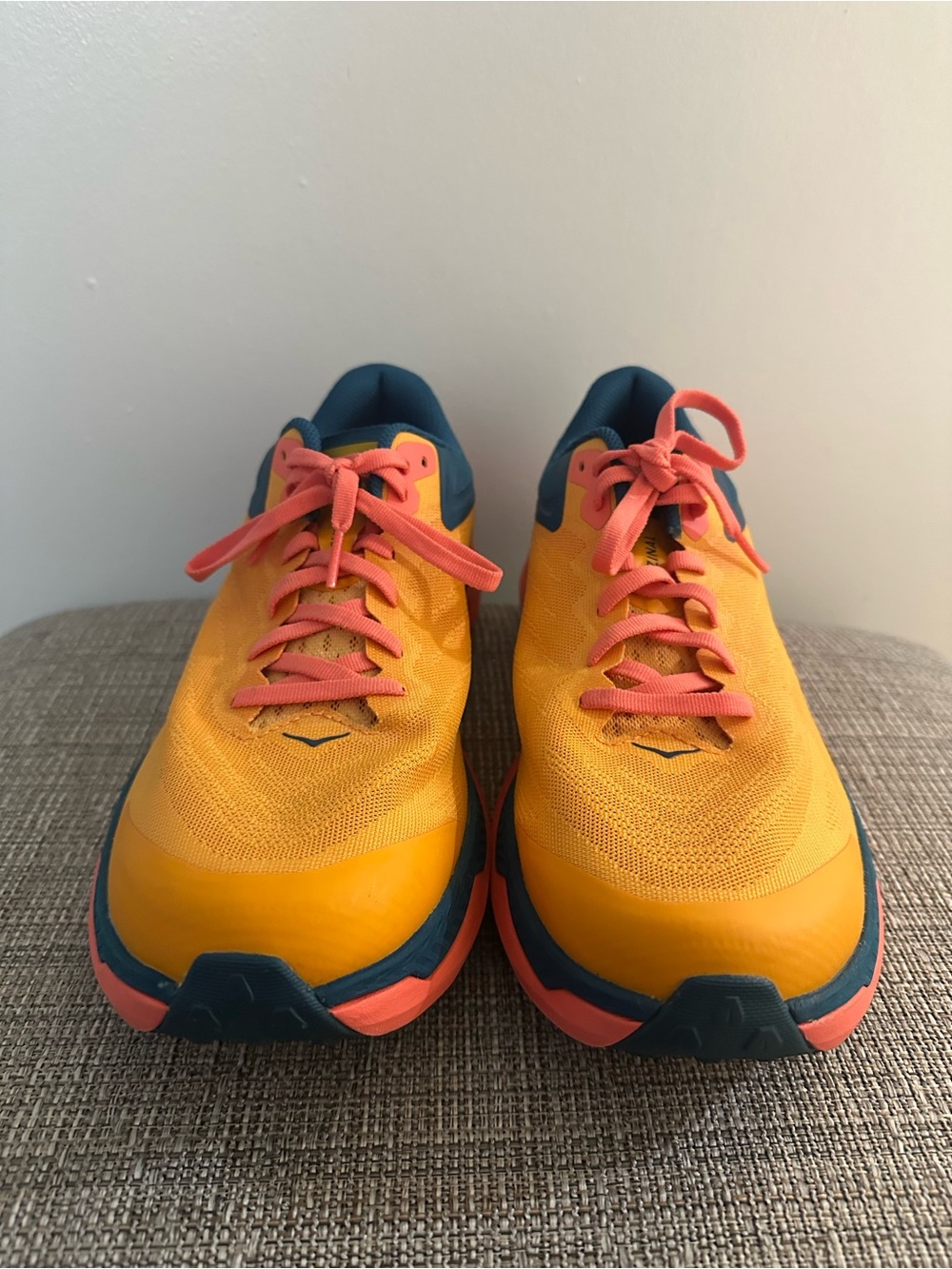 Hoka Women's Yellow Running Shoes with Coral and Navy Accents